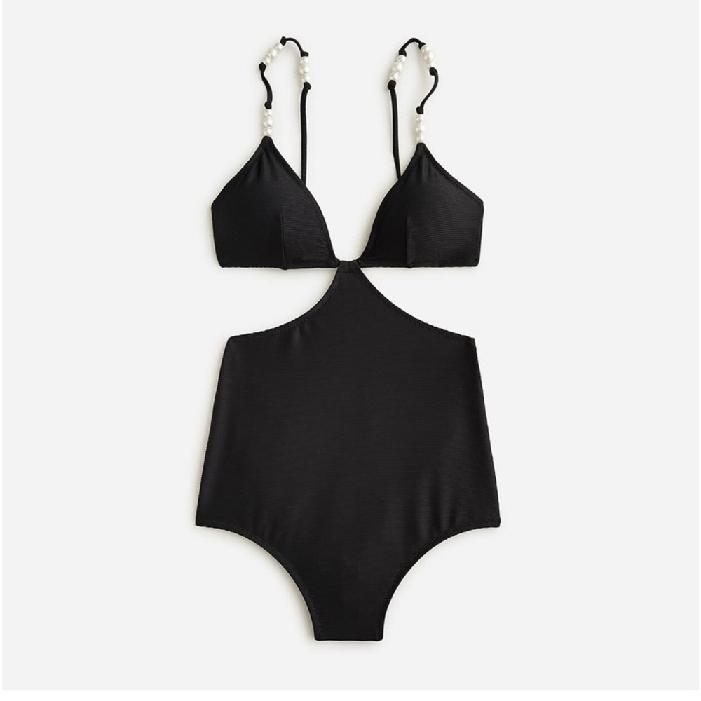 NWOT J. Crew Black Ribbed Cutout Pearl Strap swimsuit